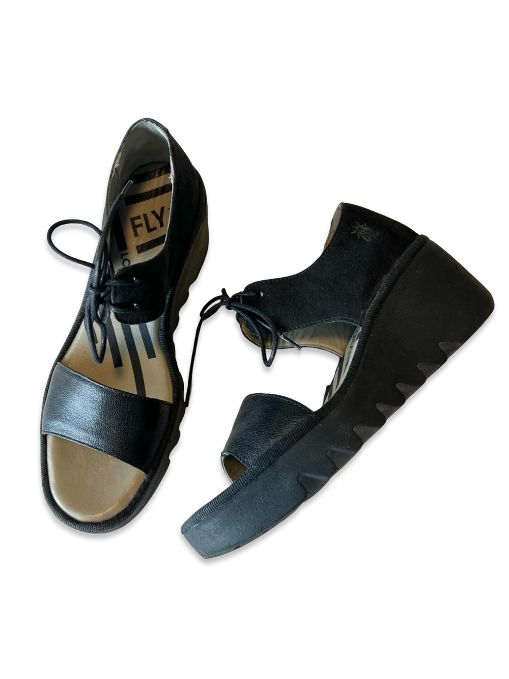 Fly London black leather wedge sandals Size 37 EU 6.5-7 US Comfort shoes Chunky